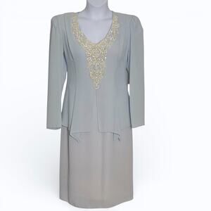 Vintage 90s Ursula Switzerland Blue Chiffon Beaded Dress Mother of Bride Size 14